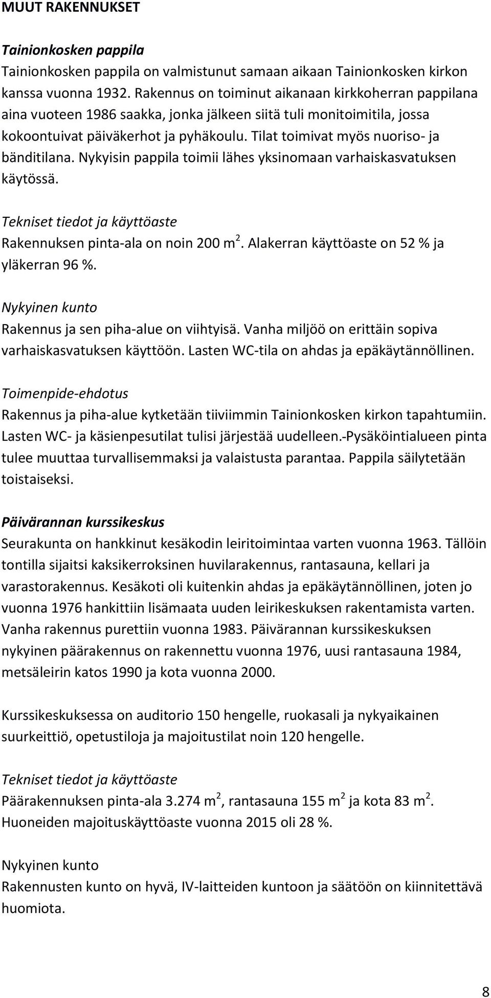 Tilat toimivat myös nuoriso- ja bänditilana. Nykyisin pappila toimii lähes yksinomaan varhaiskasvatuksen käytössä. Rakennuksen pinta-ala on noin 200 m 2.