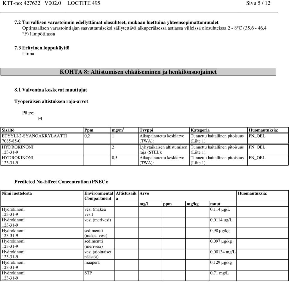 C (35.6-46.4 F) lämpötilassa 7.3 Erityi loppukäyttö Liima KOHTA 8: Altistumisen ehkäisemi ja henkilönsuojaimet 8.