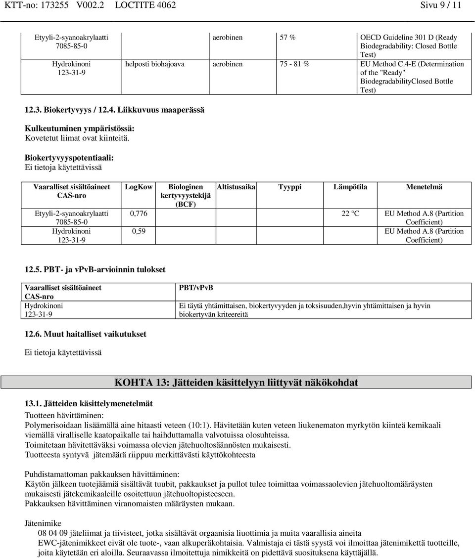 Biokertyvyyspotentiaali: Ei tietoja käytettävissä LogKow Biologi kertyvyystekijä (BCF) Altistusaika Tyyppi Lämpötila Menetelmä 0,776 22 C EU Method A.8 (Partition Coefficient) 0,59 EU Method A.