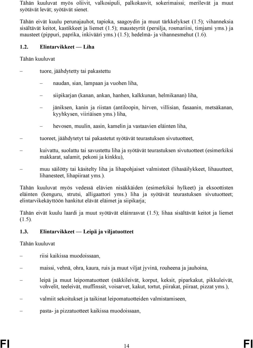 1.2. Elintarvikkeet Liha tuore, jäähdytetty tai pakastettu naudan, sian, lampaan ja vuohen liha, siipikarjan (kanan, ankan, hanhen, kalkkunan, helmikanan) liha, jäniksen, kanin ja riistan