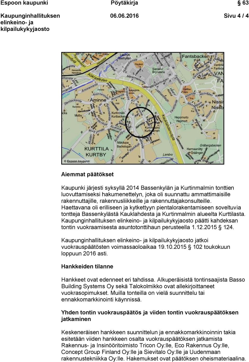 päätti kahdeksan tontin vuokraamisesta asuntotonttihaun perusteella 1.12.2015 124. jatkoi vuokrauspäätösten voimassaoloaikaa 19.10.2015 102 toukokuun loppuun 2016 asti.