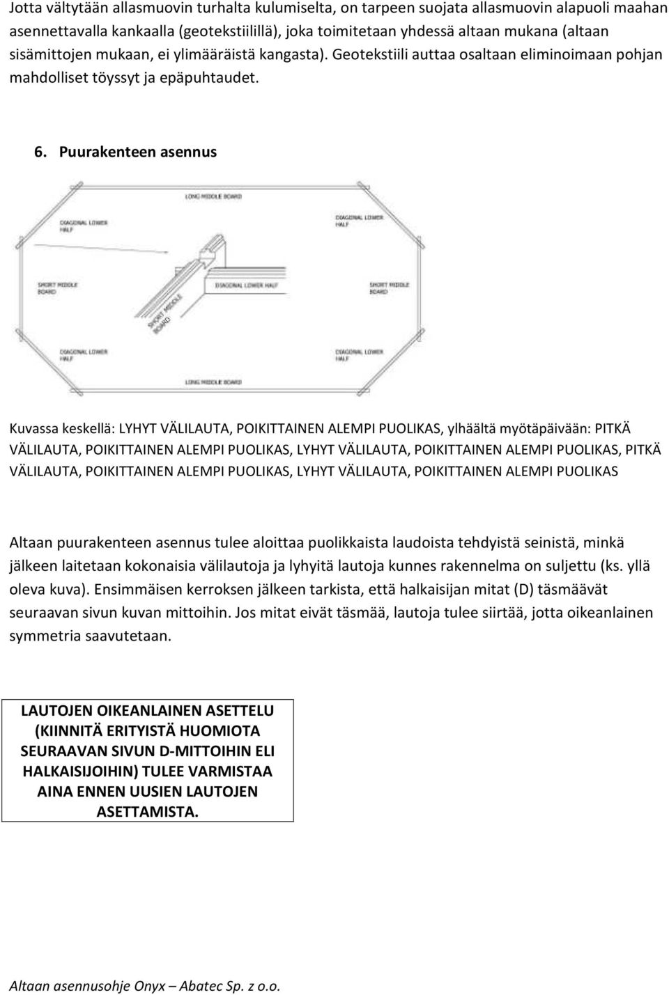 Puurakenteen asennus Kuvassa keskellä: LYHYT VÄLILAUTA, POIKITTAINEN ALEMPI PUOLIKAS, ylhäältä myötäpäivään: PITKÄ VÄLILAUTA, POIKITTAINEN ALEMPI PUOLIKAS, LYHYT VÄLILAUTA, POIKITTAINEN ALEMPI