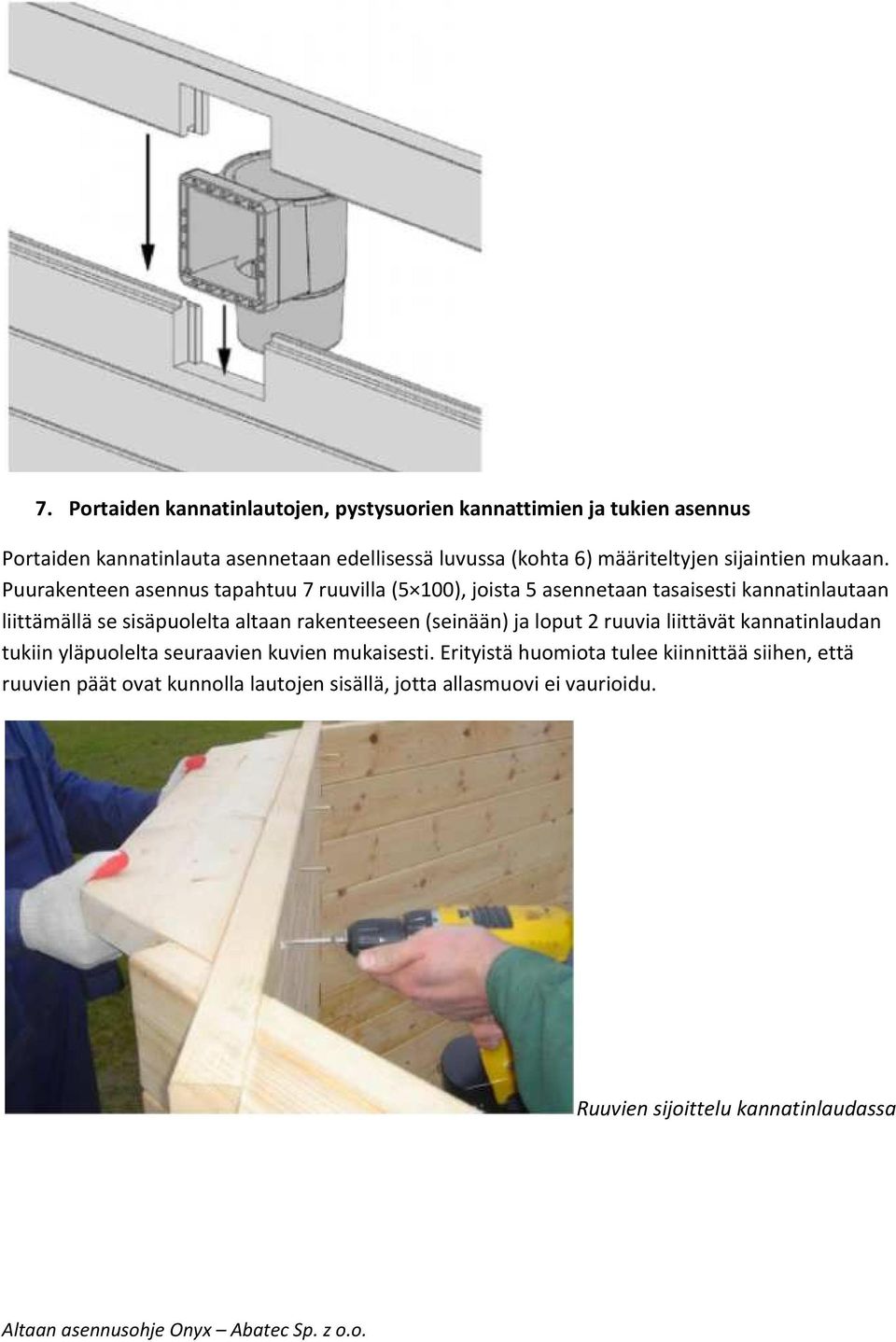 Puurakenteen asennus tapahtuu 7 ruuvilla (5 100), joista 5 asennetaan tasaisesti kannatinlautaan liittämällä se sisäpuolelta altaan rakenteeseen