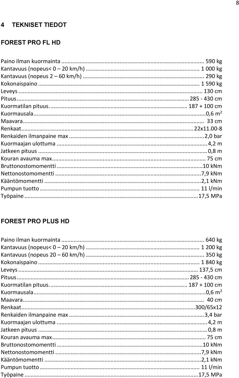 .. 0,8 m Kouran avauma max... 75 cm Bruttonostomomentti... 10 knm Nettonostomomentti... 7,9 knm Kääntömomentti... 2,1 knm Pumpun tuotto... 11 l/min Työpaine.