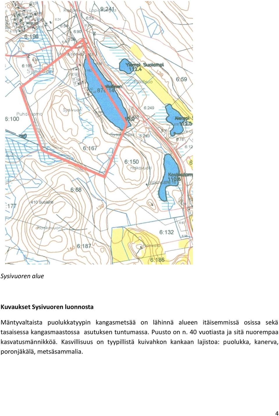 asutuksen tuntumassa. Puusto on n. 40 vuotiasta ja sitä nuorempaa kasvatusmännikköä.