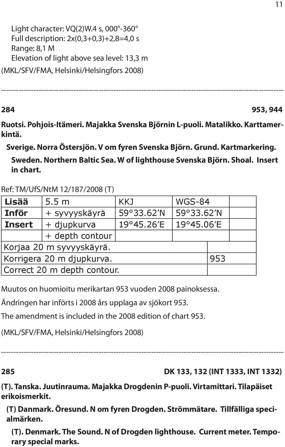 Insert in chart. Ref: TM/UfS/NtM 12/187/2008 (T) Lisää 5.5 m KKJ WGS-84 Inför + syvyyskäyrä 59 33.62 N 59 33.62 N Insert + djupkurva 19 45.26 E 19 45.06 E + depth contour Korjaa 20 m syvyyskäyrä.