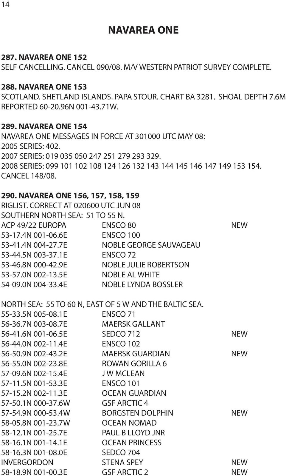 2008 SERIES: 099 101 102 108 124 126 132 143 144 145 146 147 149 153 154. CANCEL 148/08. 290. NAVAREA ONE 156, 157, 158, 159 RIGLIST. CORRECT AT 020600 UTC JUN 08 SOUTHERN NORTH SEA: 51 TO 55 N.