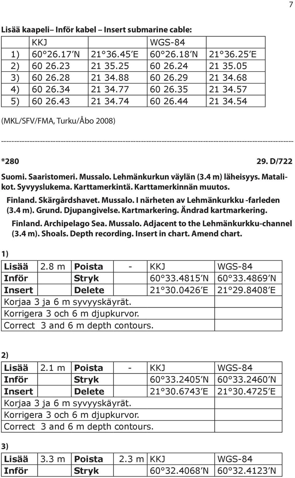 Syvyyslukema. Karttamerkintä. Karttamerkinnän muutos. Finland. Skärgårdshavet. Mussalo. I närheten av Lehmänkurkku -farleden (3.4 m). Grund. Djupangivelse. Kartmarkering. Ändrad kartmarkering.