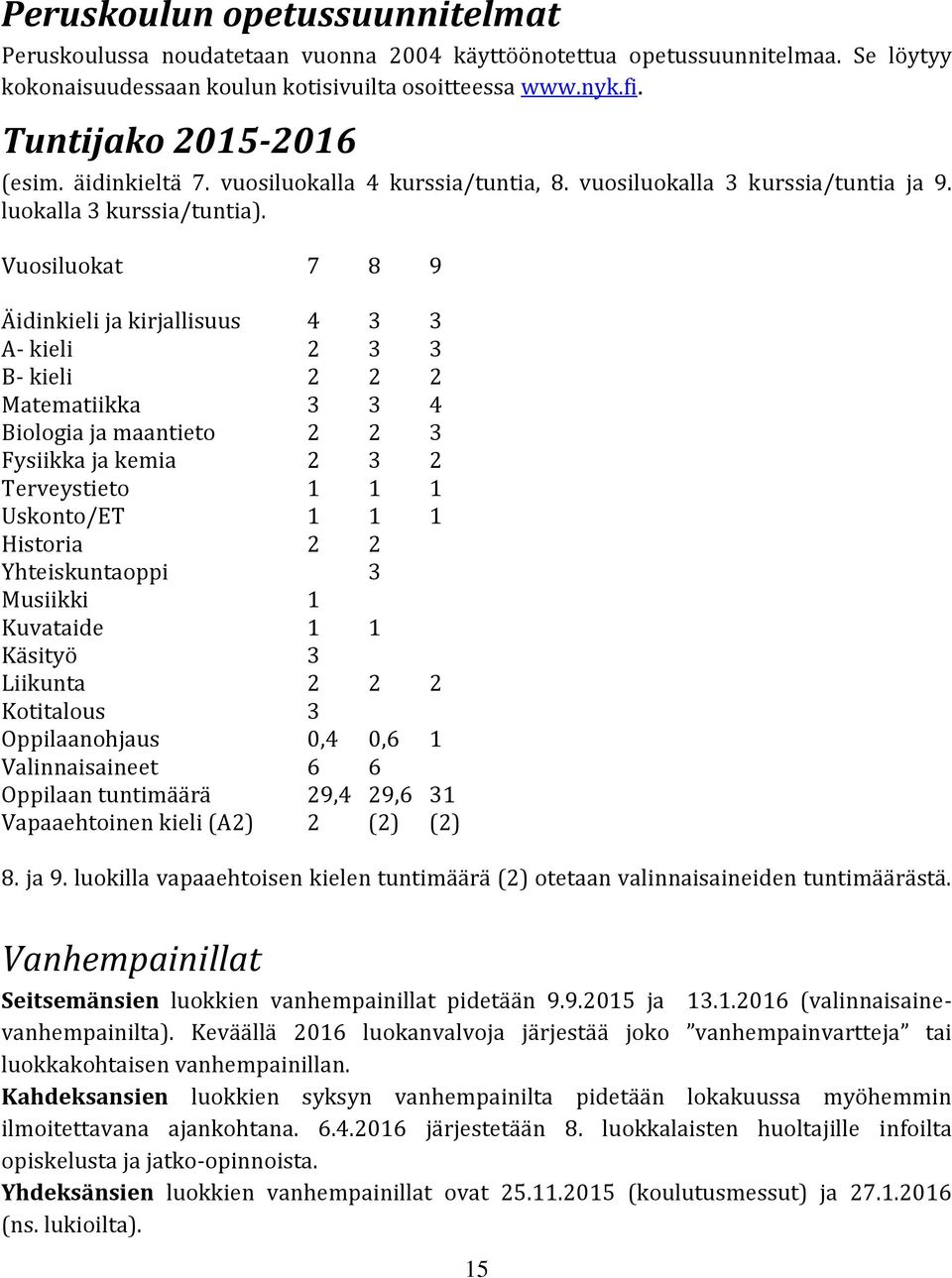 Vuosiluokat 7 8 9 Äidinkieli ja kirjallisuus 4 3 3 A- kieli 2 3 3 B- kieli 2 2 2 Matematiikka 3 3 4 Biologia ja maantieto 2 2 3 Fysiikka ja kemia 2 3 2 Terveystieto 1 1 1 Uskonto/ET 1 1 1 Historia 2