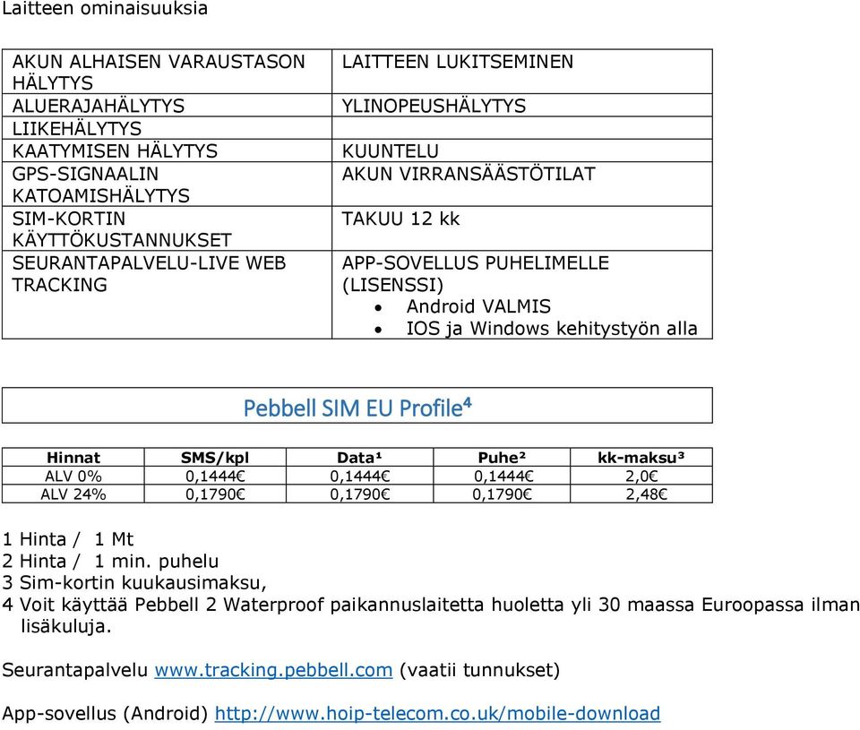 SMS/kpl Data¹ Puhe² kk-maksu³ ALV 0% 0,1444 0,1444 0,1444 2,0 ALV 24% 0,1790 0,1790 0,1790 2,48 1 Hinta / 1 Mt 2 Hinta / 1 min.