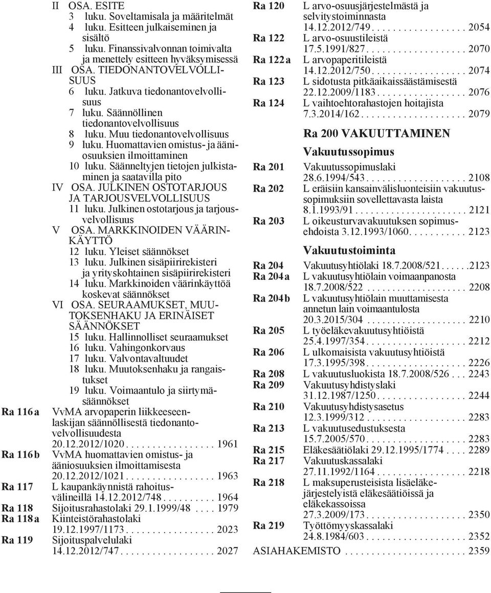 Huomattavien omistus- ja ääniosuuksien ilmoittaminen 10 luku. Säänneltyjen tietojen julkistaminen ja saatavilla pito IV OSA. JULKINEN OSTOTARJOUS JA TARJOUSVELVOLLISUUS 11 luku.
