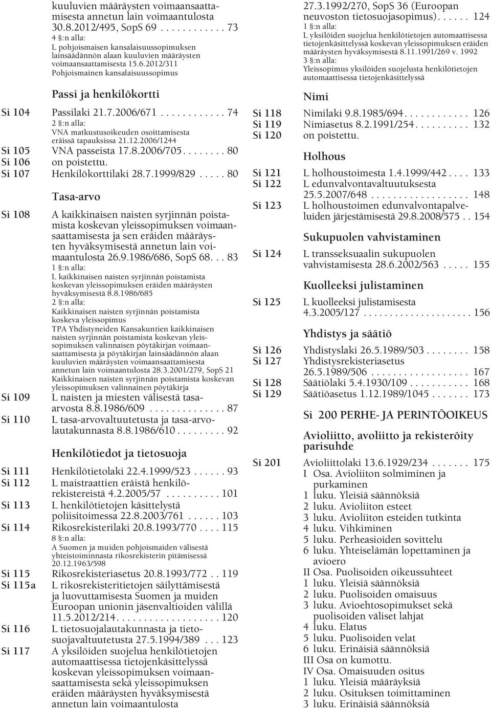 2012/311 Pohjoismainen kansalaisuussopimus Passi ja henkilökortti Si 104 Passilaki 21.7.2006/671............ 74 2 :n alla: VNA matkustusoikeuden osoittamisesta eräissä tapauksissa 21.12.2006/1244 Si 105 VNA passeista 17.