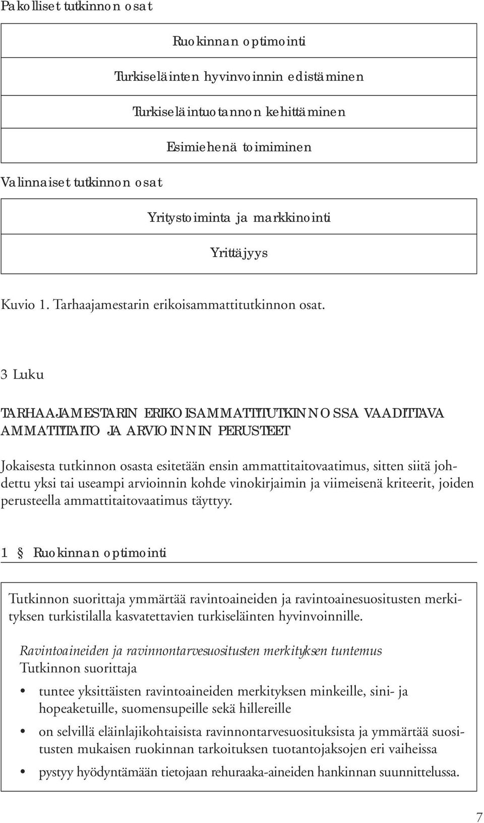 3 Luku TARHAAJAMESTARIN ERIKOISAMMATTITUTKINNOSSA VAADITTAVA AMMATTITAITO JA ARVIOINNIN PERUSTEET Jokaisesta tutkinnon osasta esitetään ensin ammattitaitovaatimus, sitten siitä johdettu yksi tai