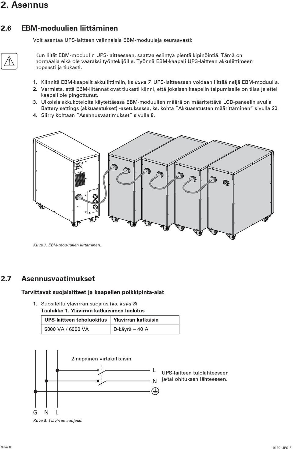 UPS-laitteeseen voidaan liittää neljä EBM-moduulia. 2. Varmista, että EBM-liitännät ovat tiukasti kiinni, että jokaisen kaapelin taipumiselle on tilaa ja ettei kaapeli ole pingottunut. 3.