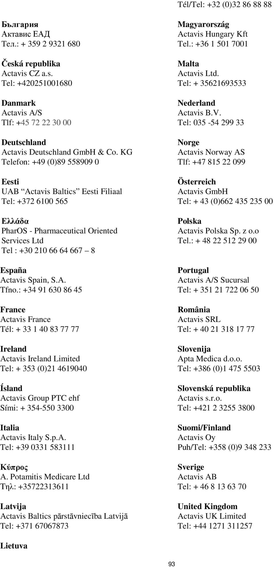 : +34 91 630 86 45 France Actavis France Tél: + 33 1 40 83 77 77 Ireland Actavis Ireland Limited Tel: + 353 (0)21 4619040 Ísland Actavis Group PTC ehf Sími: + 354-550 3300 Italia Actavis Italy S.p.A. Tel: +39 0331 583111 Κύπρος A.