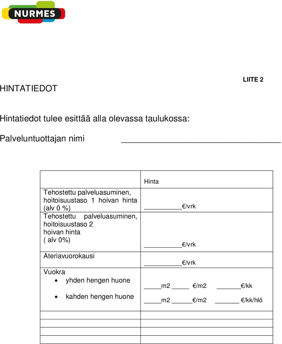 (alv 0 %) Tehostettu palveluasuminen, hoitoisuustaso 2 hoivan hinta ( alv 0%)