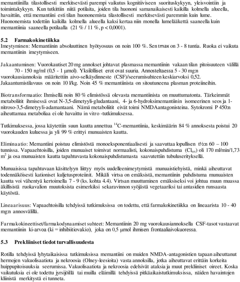 Huononemista todettiin kaikilla kolmella alueella kaksi kertaa niin monella lumelääkettä saaneella kuin memantiinia saaneella potilaalla (21 % / 11 %, p < 0,0001). 5.