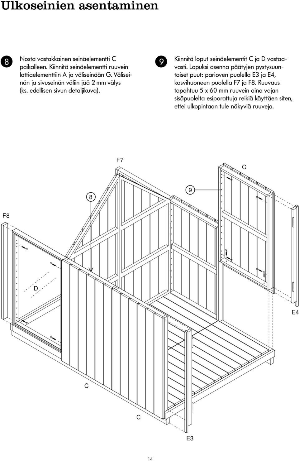8 9 ULKOSEINIEN ASENTAMINEN Kiinnitä loput seinäelementit C ja D vastaavasti.