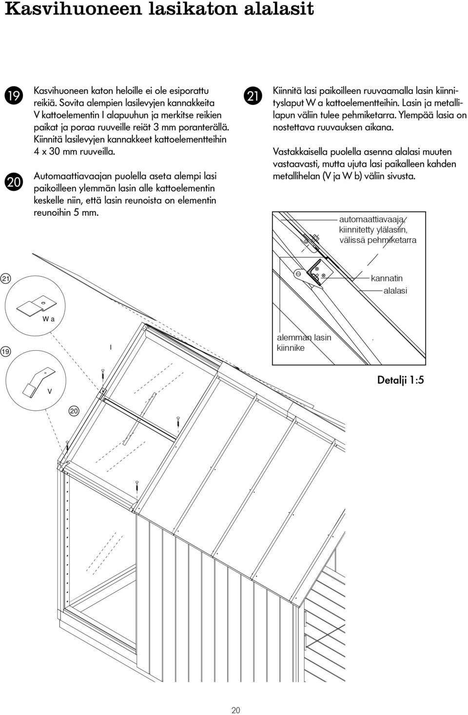 Kiinnitä lasilevyjen kannakkeet kattoelementteihin 4 x 30 mm ruuveilla.