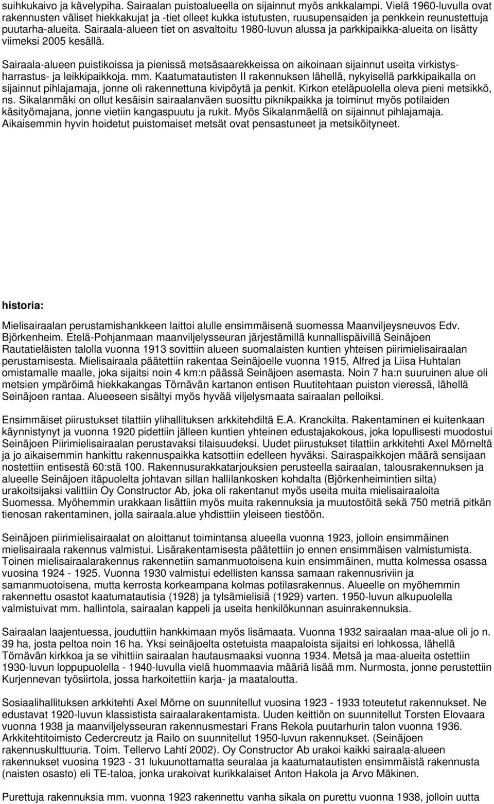 Sairaala-alueen tiet on asvaltoitu 0-luvun alussa ja pkkipaikka-alueita on lisätty viimeksi 00 kesällä.