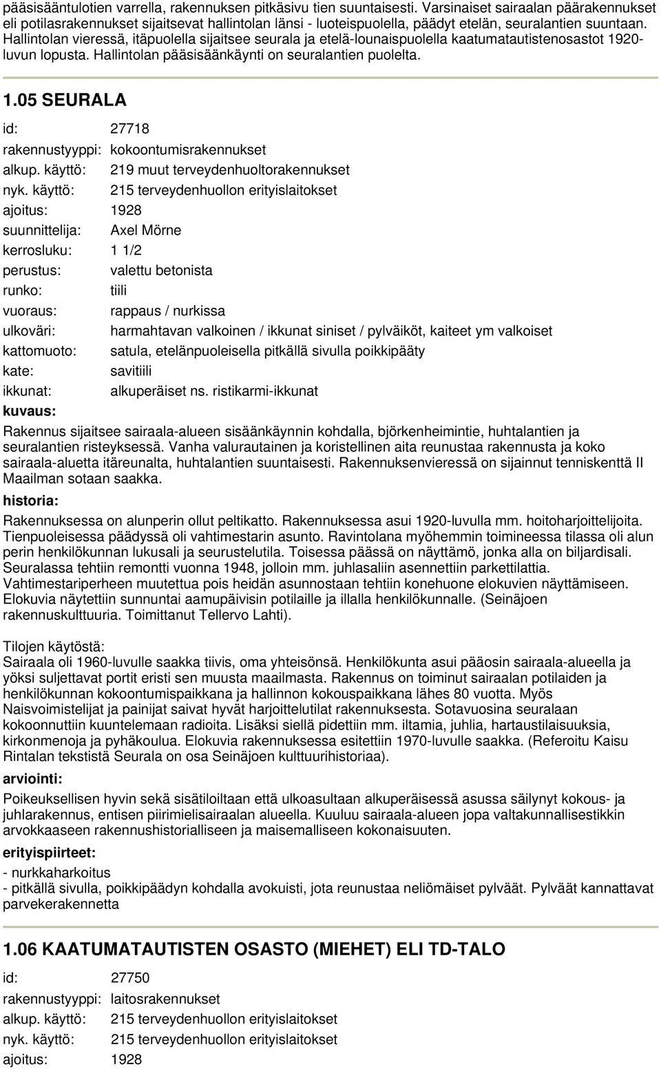 Hallintolan vieressä, itäpuolella sijaitsee seurala ja etelä-lounaispuolella kaatumatautistenosastot 0- luvun lopusta. Hallintolan pääsisäänkäynti on seuralantien puolelta.