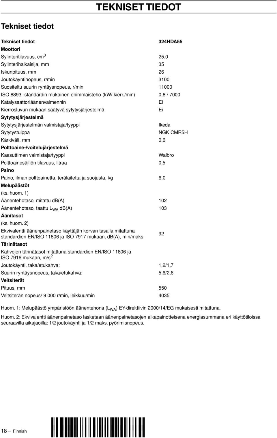 /min) 0,8 / 7000 Katalysaattoriäänenvaimennin Ei Kierrosluvun mukaan säätyvä sytytysjärjestelmä Ei Sytytysjärjestelmä Sytytysjärjestelmän valmistaja/tyyppi Ikeda Sytytystulppa NGK CMR5H Kärkiväli, mm