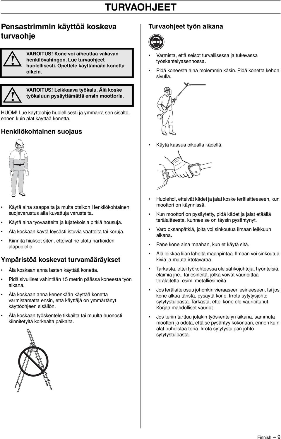 Pidä konetta kehon sivulla. HUOM Lue käyttöohje huolellisesti ja ymmärrä sen sisältö, ennen kuin alat käyttää konetta. Henkilökohtainen suojaus Käytä kaasua oikealla kädellä.