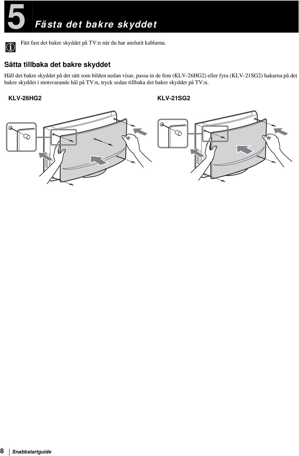 passa in de fem (KLV-26HG2) eller fyra (KLV-21SG2) hakarna på det bakre skyddet i motsvarande