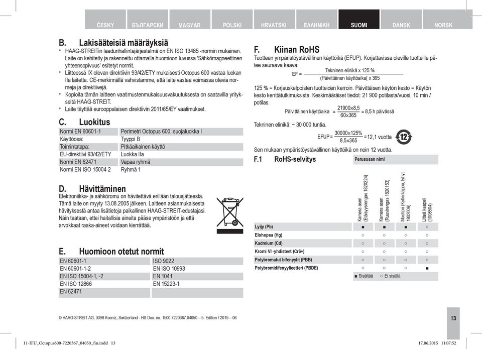 Liitteessä IX olevan direktiivin 93/42/ETY mukaisesti Octopus 600 vastaa luokan IIa laitetta. CE-merkinnällä vahvistamme, että laite vastaa voimassa olevia normeja ja direktiivejä.