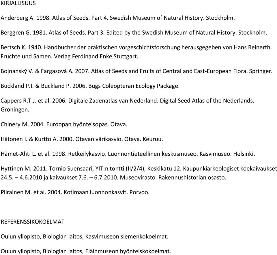 Atlas of Seeds and Fruits of Central and East European Flora. Springer. Buckland P.I. & Buckland P. 2006. Bugs Coleopteran Ecology Package. Cappers R.T.J. et al. 2006. Digitale Zadenatlas van Nederland.