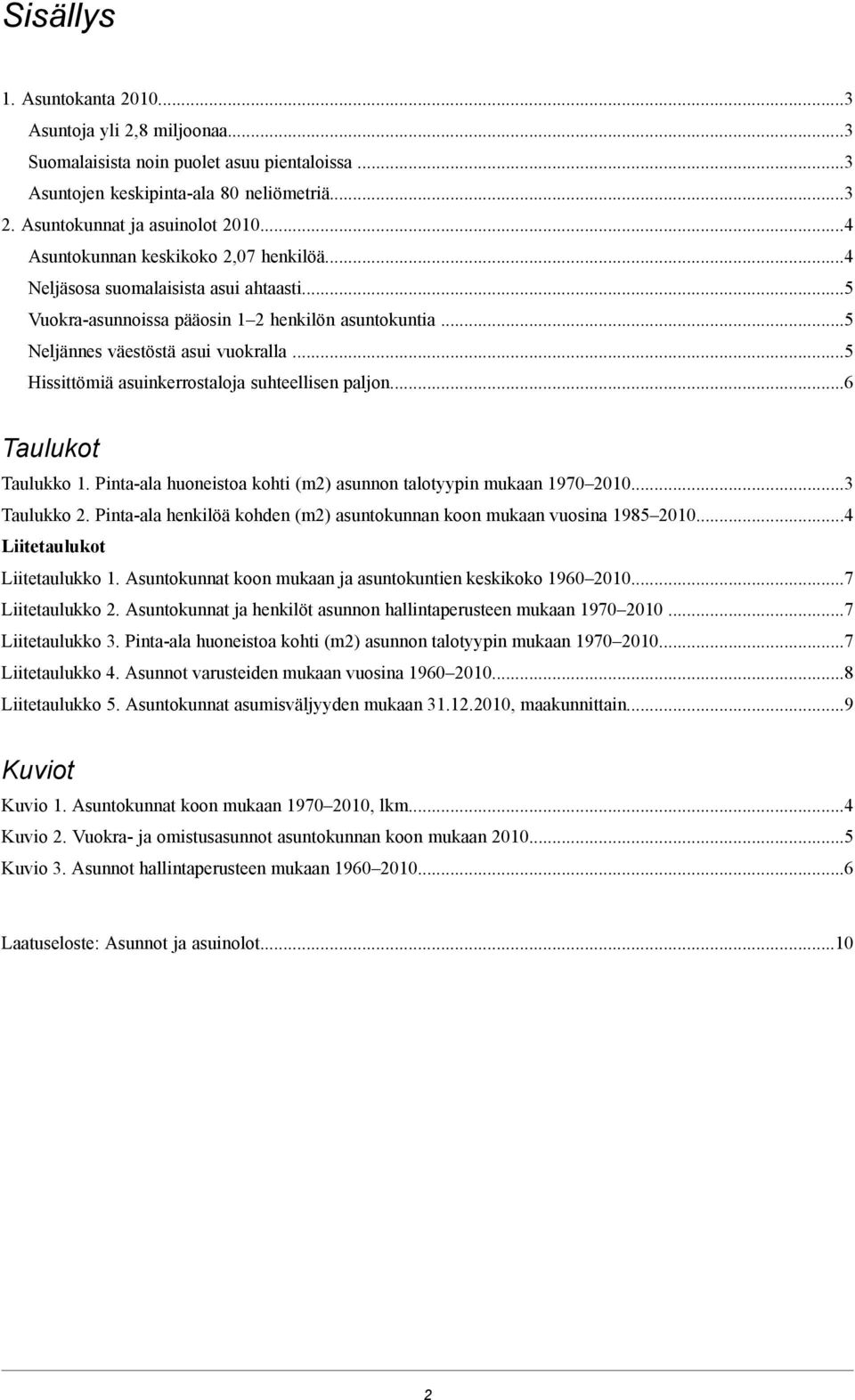 ..5 Hissittömiä asuinkerrostaloja suhteellisen paljon...6 Taulukot Taulukko 1. Pinta-ala huoneistoa kohti (m2) asunnon talotyypin mukaan 1970 2010...3 Taulukko 2.