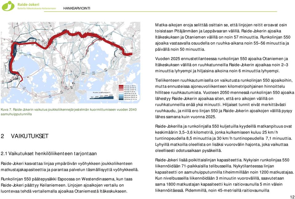 Vuoden 2025 ennustetilanteessa runkolinjan 550 ajoaika Otaniemen ja Itäkeskuksen välillä on ruuhkatunneilla Raide-Jokerin ajoaikaa noin 2 3 minuuttia lyhyempi ja hiljaisina aikoina noin 6 minuuttia