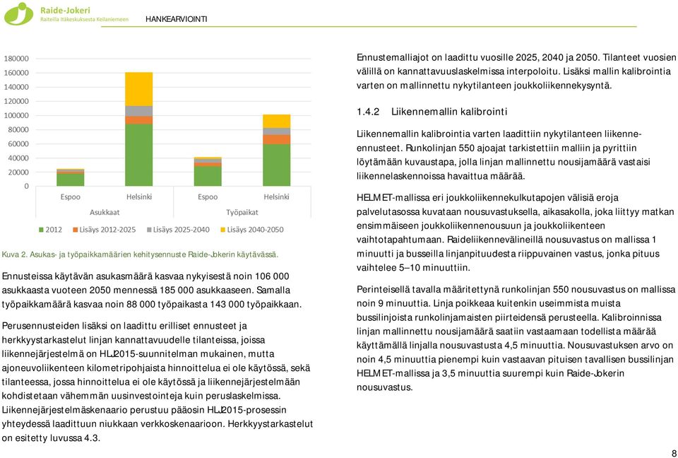 Runkolinjan 550 ajoajat tarkistettiin malliin ja pyrittiin löytämään kuvaustapa, jolla linjan mallinnettu nousijamäärä vastaisi liikennelaskennoissa havaittua määrää. Kuva 2.