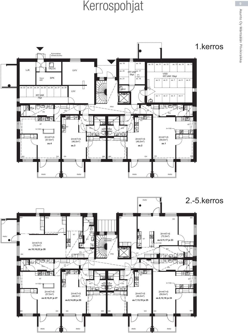 4 2H++S (46,0m 2 ) as.3 ( TO ) ( ) TO 2H++S (46,0m 2 ) as.2 2H++S (56,0m 2 ) as.1 h=1100 2.-5.kerros 1 2 H 3H++S (75,0m 2 ) as.