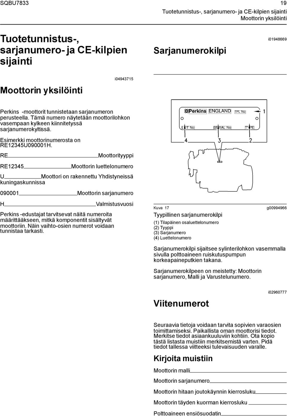 RE RE12345 Moottorityyppi Moottorin luettelonumero U Moottori on rakennettu Yhdistyneissä kuningaskunnissa 090001 Moottorin sarjanumero H Valmistusvuosi Perkins -edustajat tarvitsevat näitä numeroita