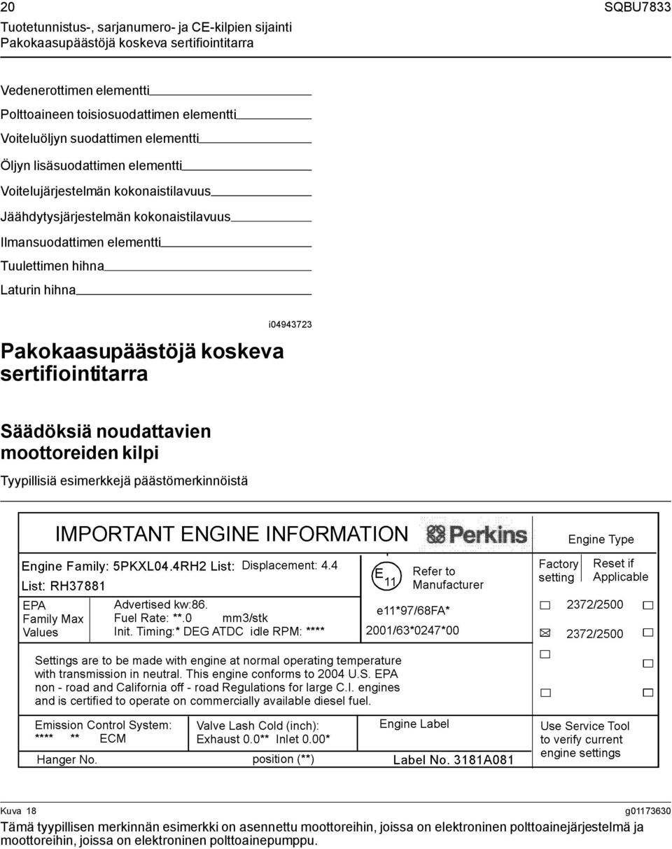 Tuulettimen hihna Laturin hihna Pakokaasupäästöjä koskeva sertifiointitarra i04943723 Säädöksiä noudattavien moottoreiden kilpi Tyypillisiä esimerkkejä päästömerkinnöistä