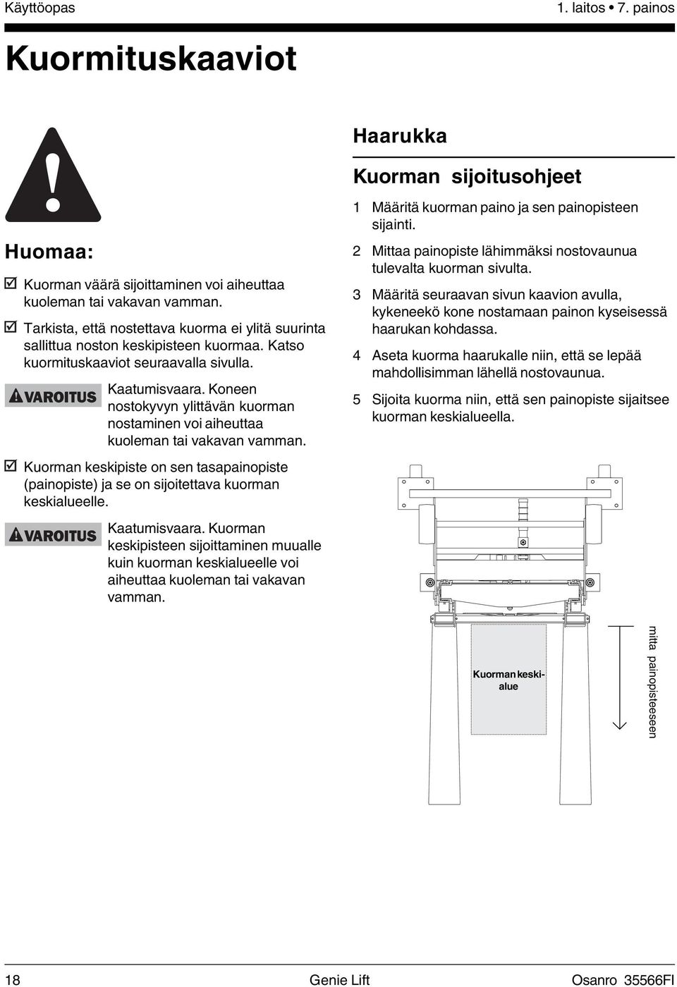 Koneen nostokyvyn ylittävän kuorman nostaminen voi aiheuttaa kuoleman tai vakavan vamman. Kuorman keskipiste on sen tasapainopiste (painopiste) ja se on sijoitettava kuorman keskialueelle.