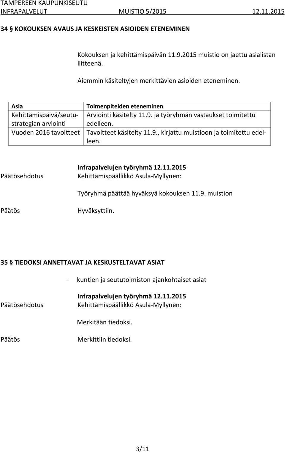 ja työryhmän vastaukset toimitettu edelleen. Tavoitteet käsitelty 11.9., kirjattu muistioon ja toimitettu edelleen.