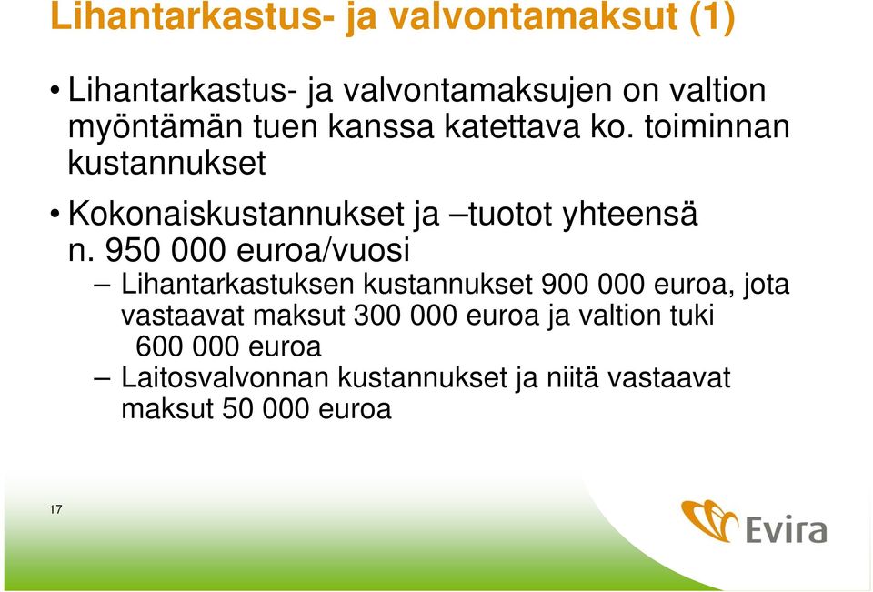 950 000 euroa/vuosi Lihantarkastuksen kustannukset 900 000 euroa, jota vastaavat maksut 300 000