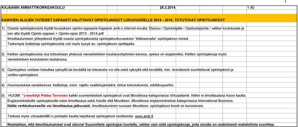 internet-sivulta: Etusivu / Opiskelijalle / Opetustarjonta / valitse koulutusala ja sen alta löydät Opinto-oppaan > Opinto-opas 2013-2014.