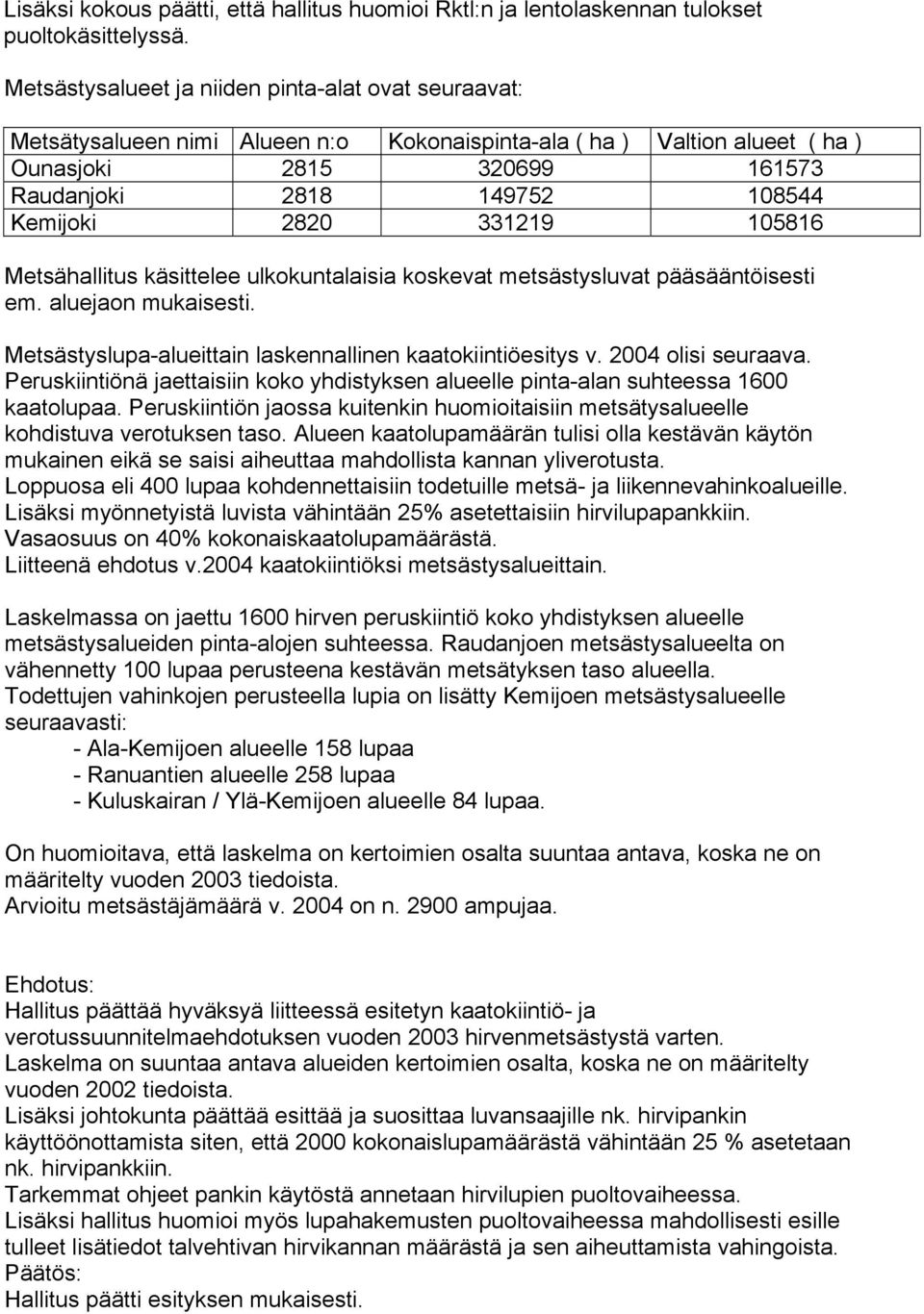 2820 331219 105816 Metsähallitus käsittelee ulkokuntalaisia koskevat metsästysluvat pääsääntöisesti em. aluejaon mukaisesti. Metsästyslupa-alueittain laskennallinen kaatokiintiöesitys v.