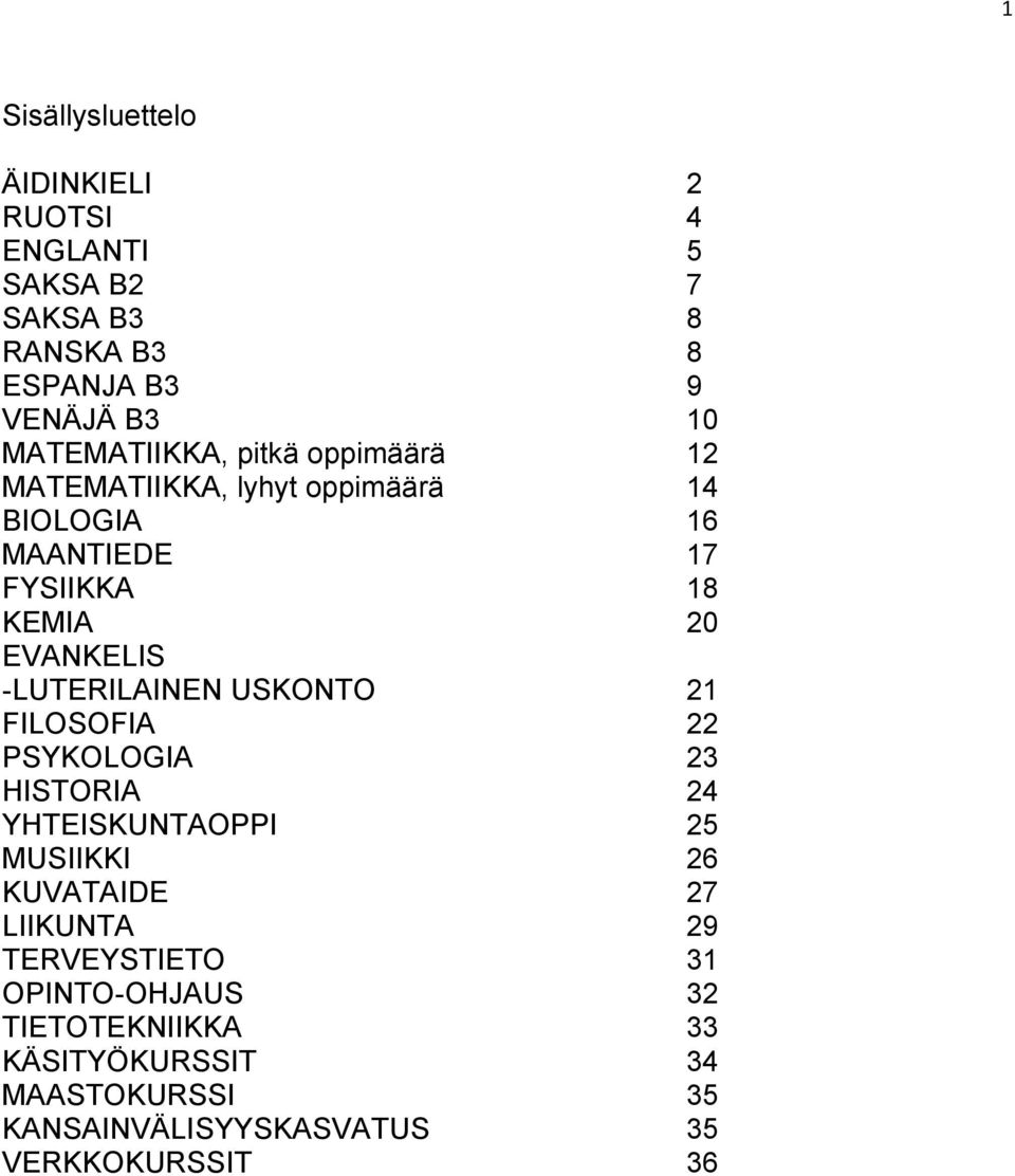 EVANKELIS -LUTERILAINEN USKONTO 21 FILOSOFIA 22 PSYKOLOGIA 23 HISTORIA 24 YHTEISKUNTAOPPI 25 MUSIIKKI 26 KUVATAIDE 27