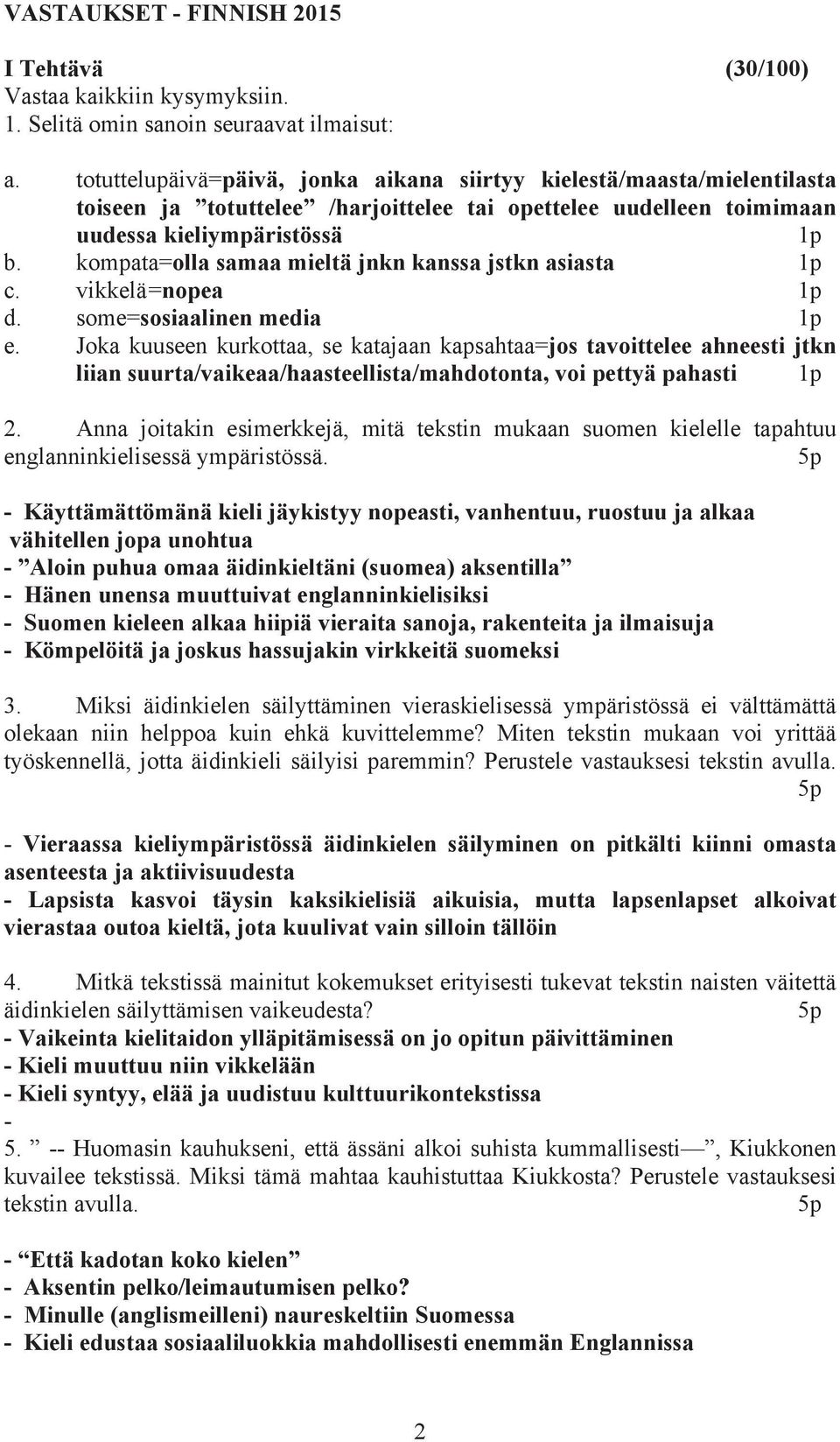 kompata=olla samaa mieltä jnkn kanssa jstkn asiasta 1p c. vikkelä =nopea 1p d. some=sosiaalinen media 1p e.