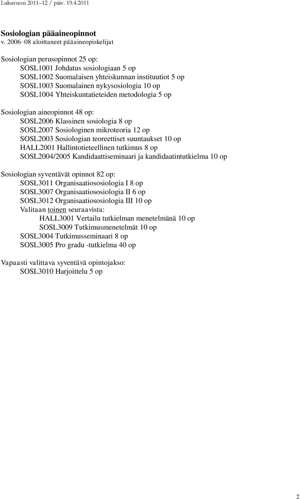 op SOSL1004 Yhteiskuntatieteiden metodologia 5 op Sosiologian aineopinnot 48 op: SOSL2006 Klassinen sosiologia 8 op SOSL2007 Sosiologinen mikroteoria 12 op SOSL2003 Sosiologian teoreettiset