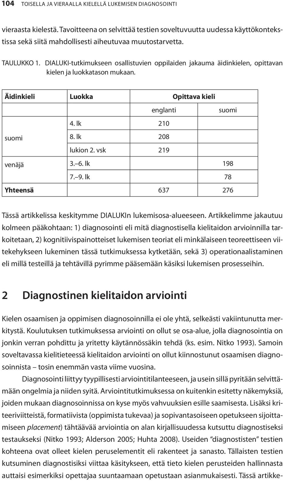 DIALUKI-tutkimukseen osallistuvien oppilaiden jakauma äidinkielen, opittavan kielen ja luokkatason mukaan. Äidinkieli Luokka Opittava kieli englanti suomi 4. lk 210 suomi 8. lk 208 lukion 2.