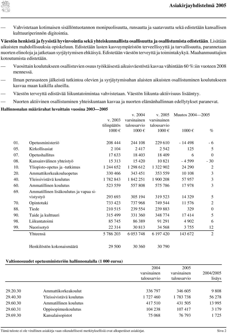 Edistetään lasten kasvuympäristön terveellisyyttä ja turvallisuutta, parannetaan nuorten elinoloja ja jatketaan syrjäytymisen ehkäisyä. Edistetään väestön terveyttä ja toimintakykyä.