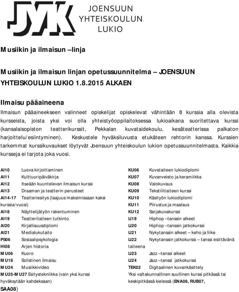 suoritettava kurssi (kansalaisopiston teatterikurssit, Pekkalan kuvataidekoulu, kesäteatterissa palkaton harjoittelu/esiintyminen). Keskustele hyväksiluvusta etukäteen rehtorin kanssa.