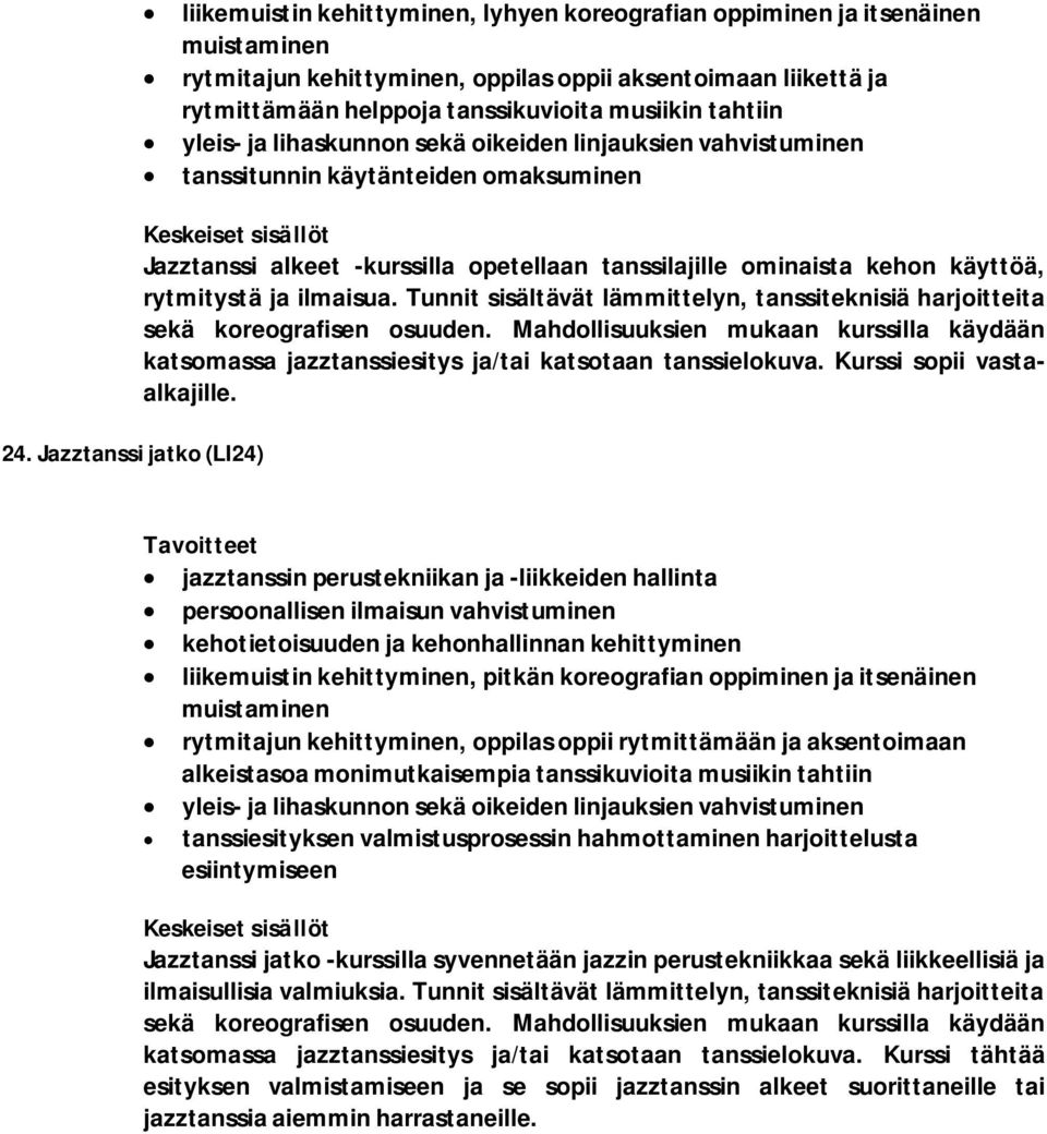 kehon käyttöä, rytmitystä ja ilmaisua. Tunnit sisältävät lämmittelyn, tanssiteknisiä harjoitteita sekä koreografisen osuuden.