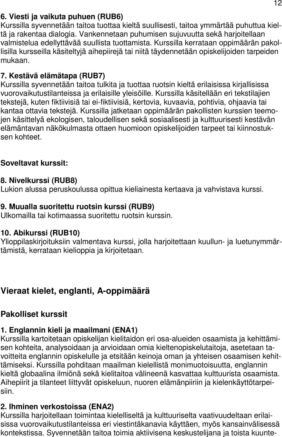 Kurssilla kerrataan oppimäärän pakollisilla kursseilla käsiteltyjä aihepiirejä tai niitä täydennetään opiskelijoiden tarpeiden mukaan. 7.