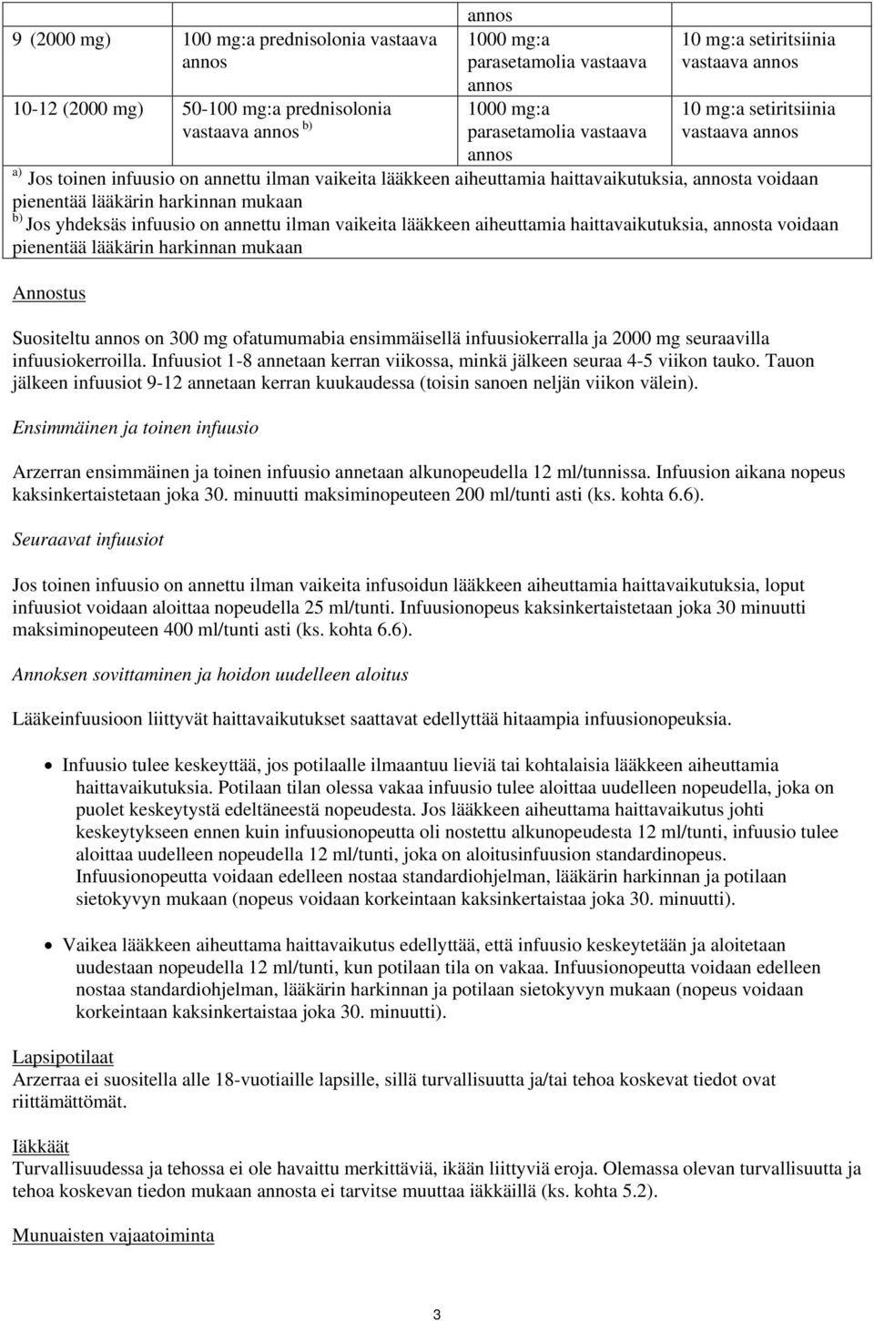 harkinnan mukaan b) Jos yhdeksäs infuusio on annettu ilman vaikeita lääkkeen aiheuttamia haittavaikutuksia, annosta voidaan pienentää lääkärin harkinnan mukaan Annostus Suositeltu annos on 300 mg
